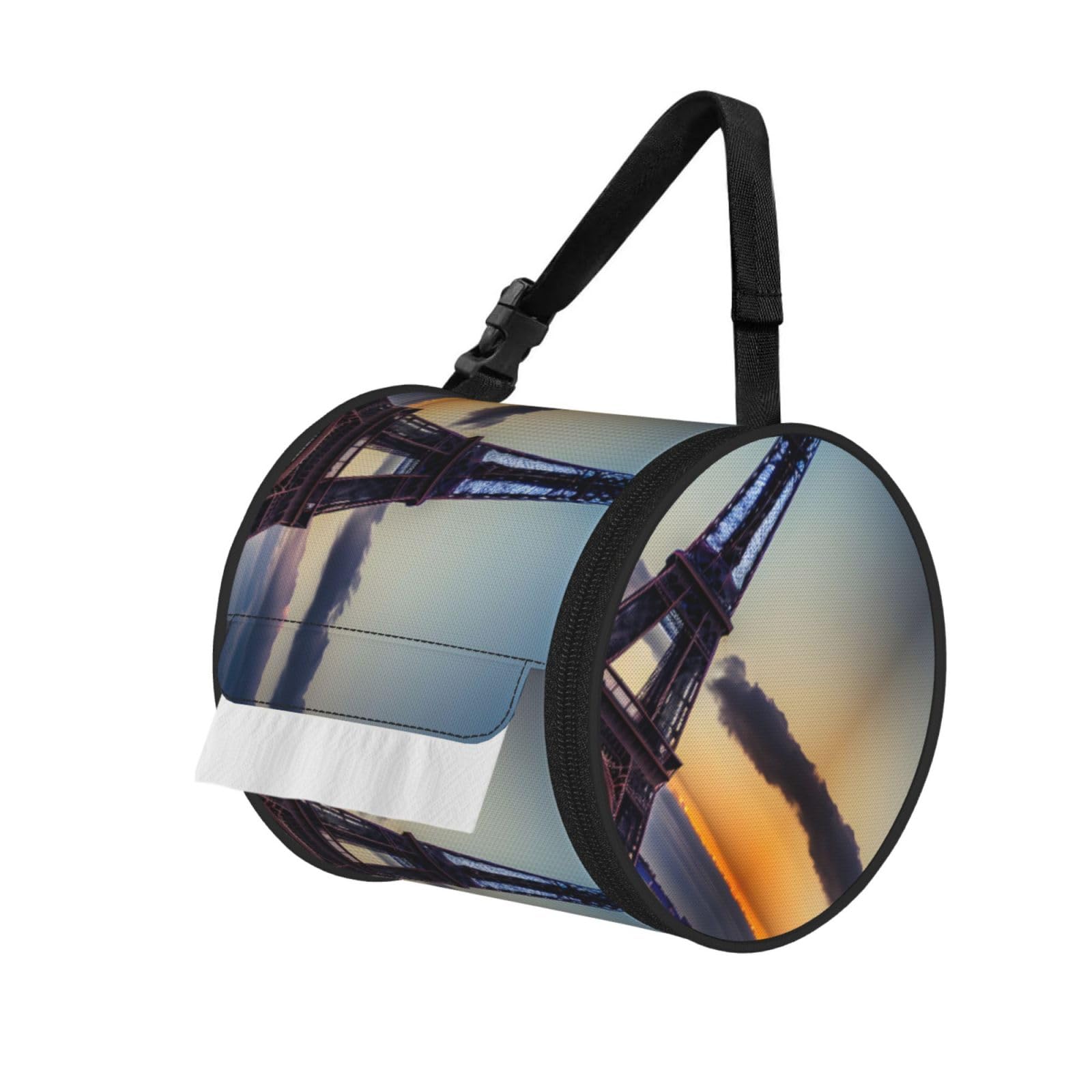 Eiffel Tower Print Cylinder Bathroom Tissue Holder With Buckle Strap, Portable Paper Case For Road Trips