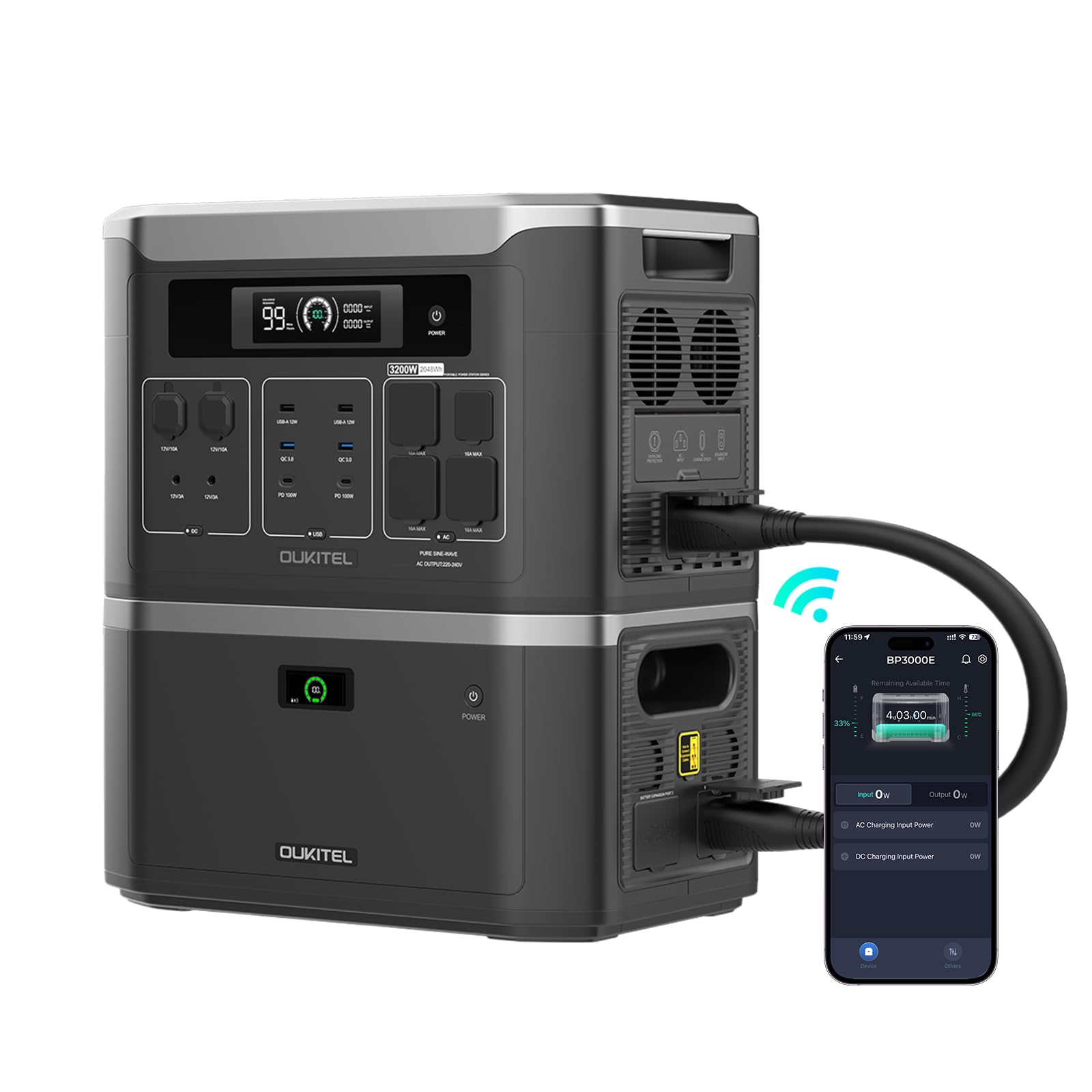 OUKITEL BP3000 Estación de Energía Portátil 2048Wh con B2000L Generador Solar 3200W Ampliable Fuente de Reserva Carga Solar 1000W Camping Hogar Autocar Obras