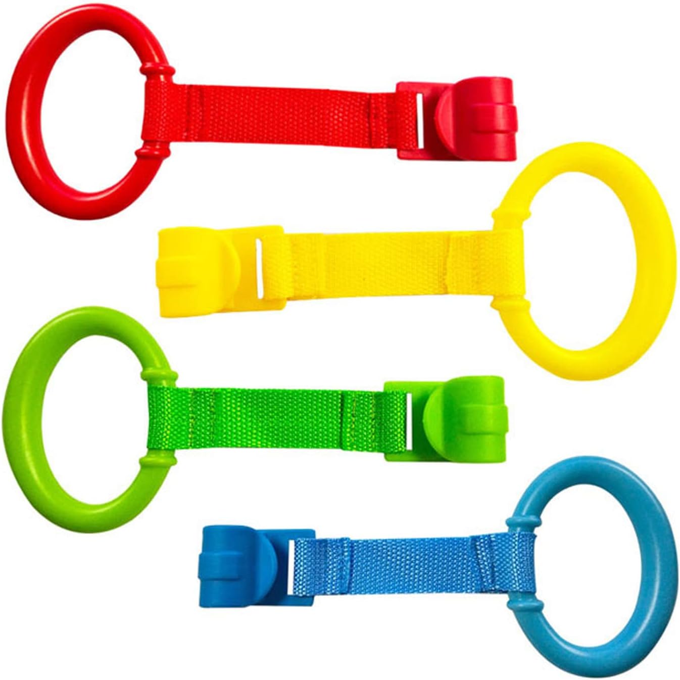 4 Pack Baby Pull Up Rings for Playpen Mixed Colors Crib Hooks for Toddler Standing Training Safety Walking Assistant & Baby Harness for Walking Learning Nursery Bed (red,Yellow,Blue,Green)