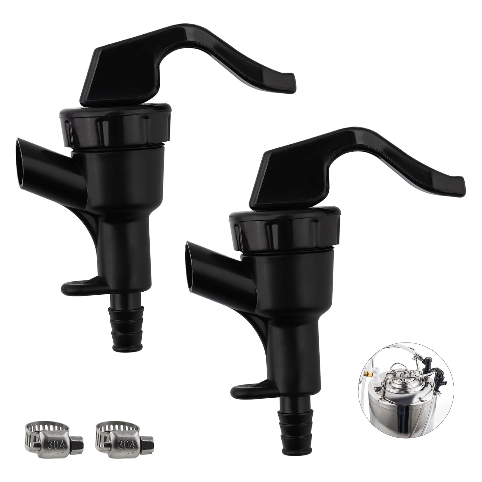 WELLBOM Plastic Picnic Tap, 2PCS Party Beer Taps Keg Spigot Bottling Bucket Tap, Black Picnic Tap Keg Beer Tap Liquid Dispenser with 2 Stainless Steel Clamp for Homebrew