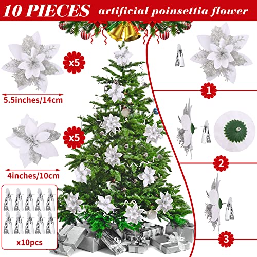 87 Pcs Christmas Tree Ornaments Set, Includes 25 Clear Plastic Christmas Ball Ornaments 10 Glitter Poinsettia Flowers And 52 Glitter Snowflake Ornaments For Home Decoration (White) #TOP4