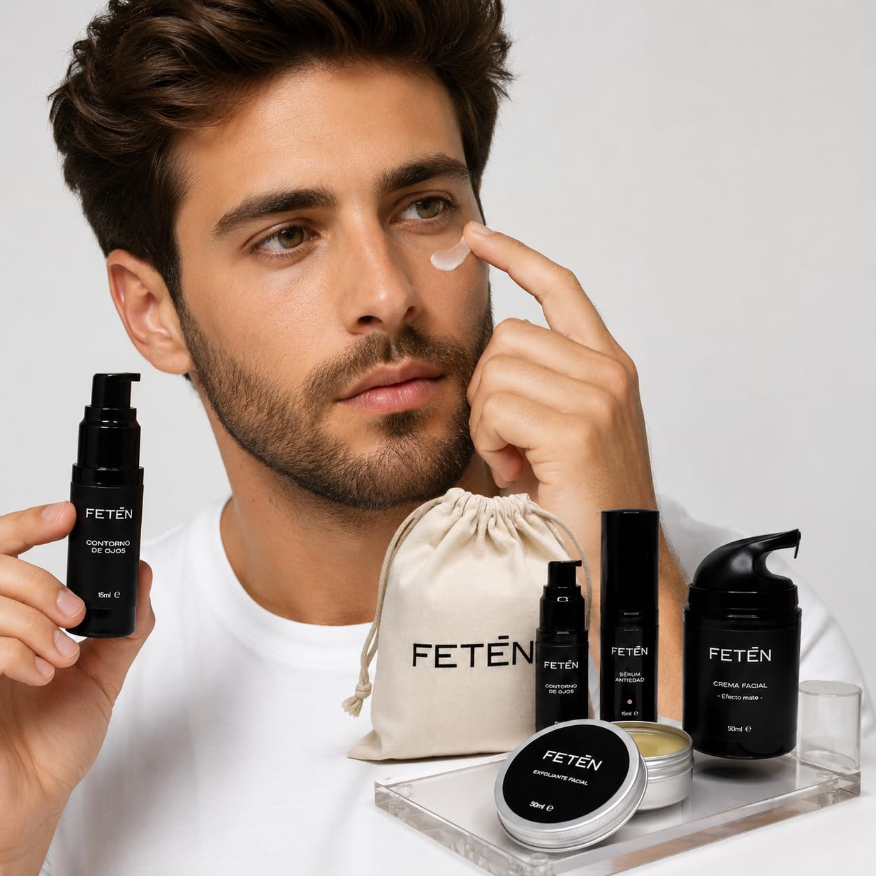 Kit Cuidado Facial Hombre 4 en 1 – Sérum, Crema, Contorno y Exfoliante | Sérum Antiedad, Contorno de Ojos 3 en 1, Crema, Exfoliante Facial