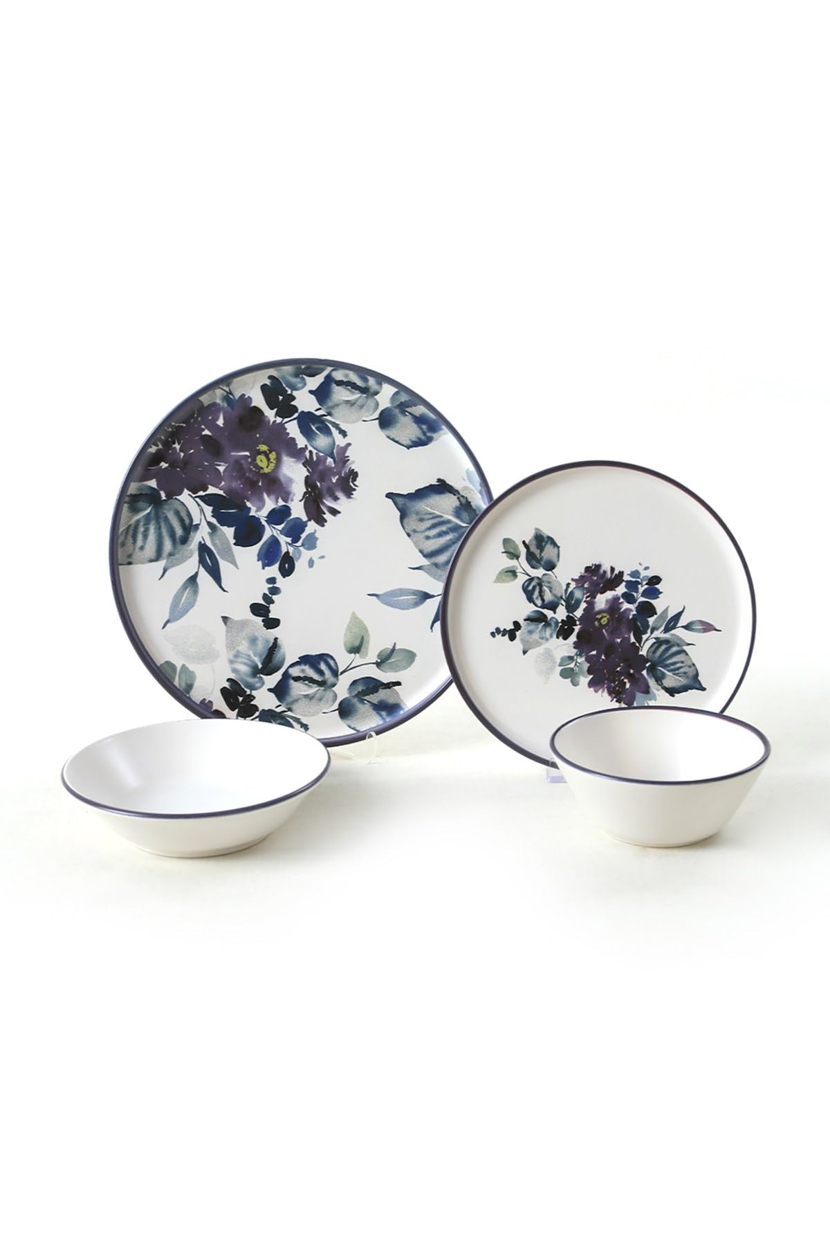 Elegante set da 24 pezzi, in ceramica, antibatterico e facile da pulire, bianco, blu e viola, include 6 piastre di servizio (28 cm), ciotole e dessert