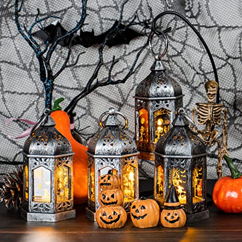 Llq 5" Halloween Lanterns Decoration, Mini Hanging Halloween Lantern Candles, Led Lights With Mirror Glass, Portable Jack-O-Lantern For Indoor Outdoor Party Decor 8 Pack, Silver Brush #TOP4