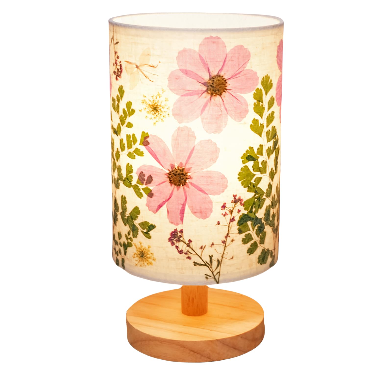 Dried Flowers Small Table Lamp 5W LED 3-Color Pressed Flower Bedside Lamp Linen Shade with Wood Base for Bedroom Living Room Desk Nursery