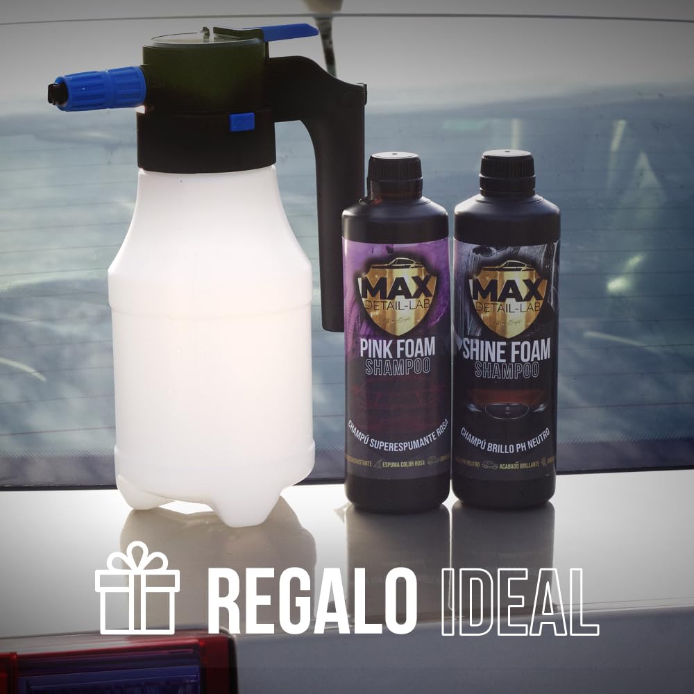 MAX DETAIL-LAB - E-Foam Pack - Kit Limpieza Coche Champú y Pulverizador a Batería Presión Foamer Eléctrico Espuma Activa, Snow Cherry Productos Lavado Exterior Detailing Profesional Auto Moto