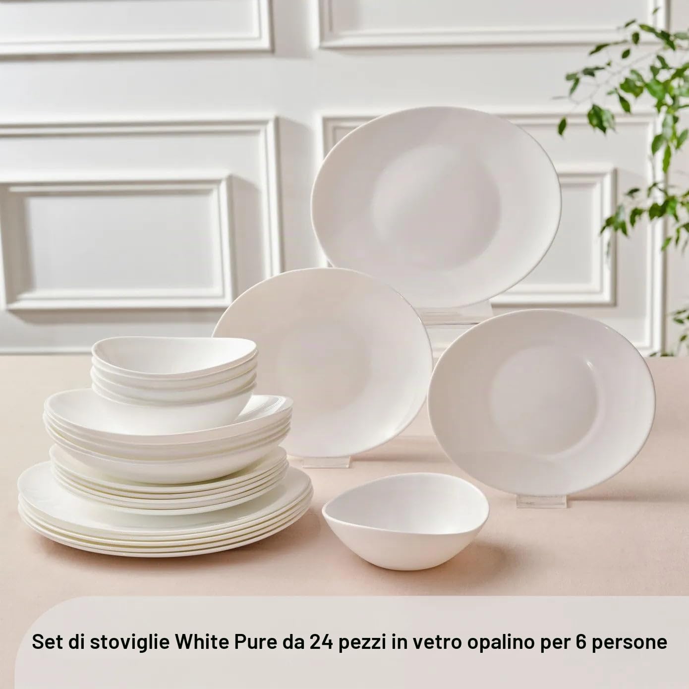 Karaca White Pure - Servizio da tavola per 6 persone, in vetro, 24 pezzi, elegante, resistente al calore, con piatti piani, pasta, cereali/zuppe e piatti da dessert