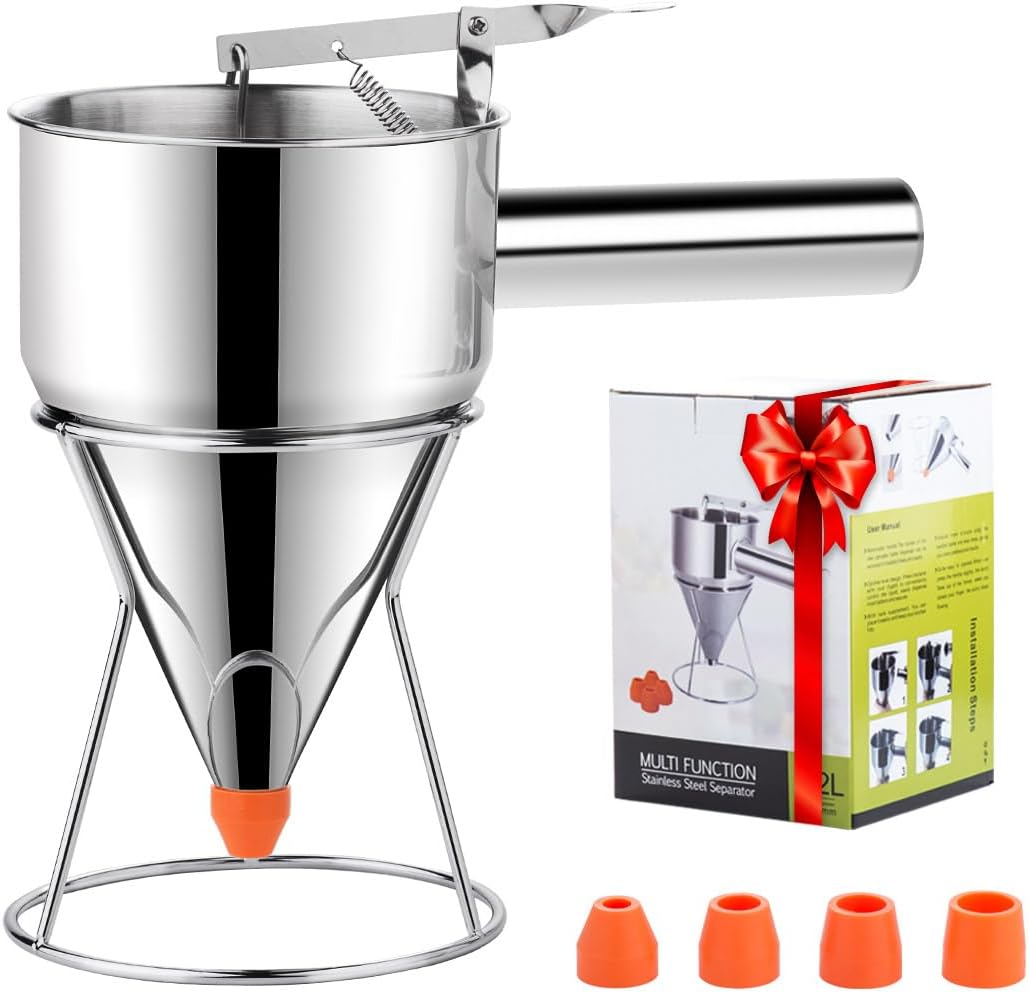 Choxila 40oz Pancake Batter Dispenser, Stainless Steel 4 Caliber Funnel Cake Dispenser with Stand Great for Pancakes, Cupcakes and Baked Goods