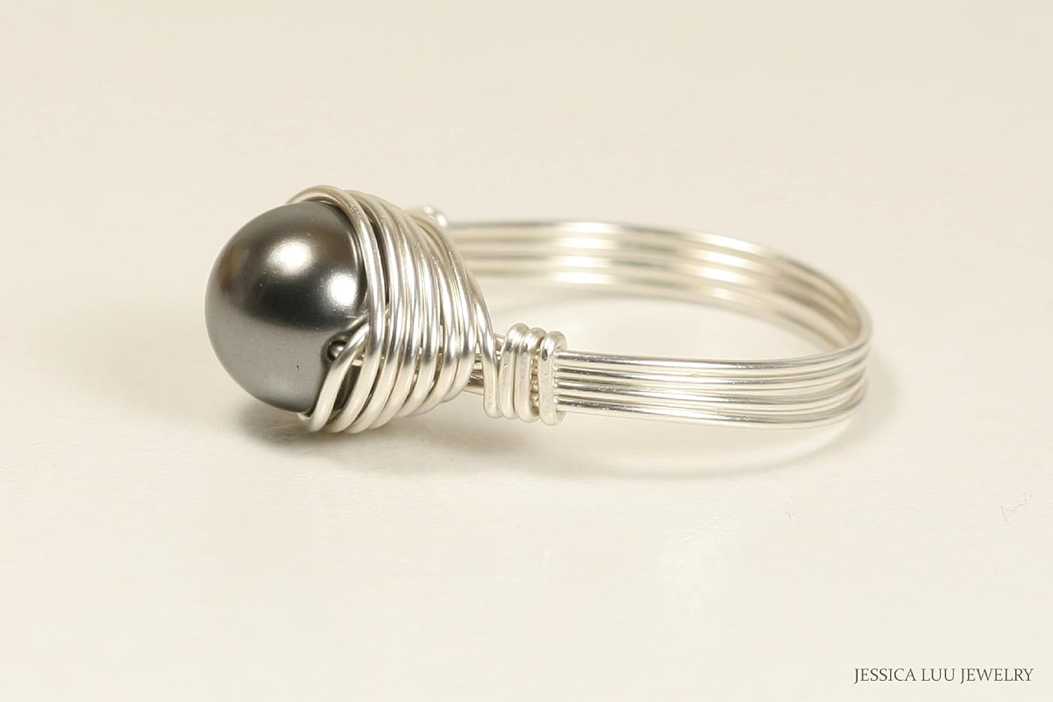 JESSICA LUU JEWELRY Dark Grey Pearl Solitaire Ring Sterling Silver or Gold Wire Wrapped Handmade