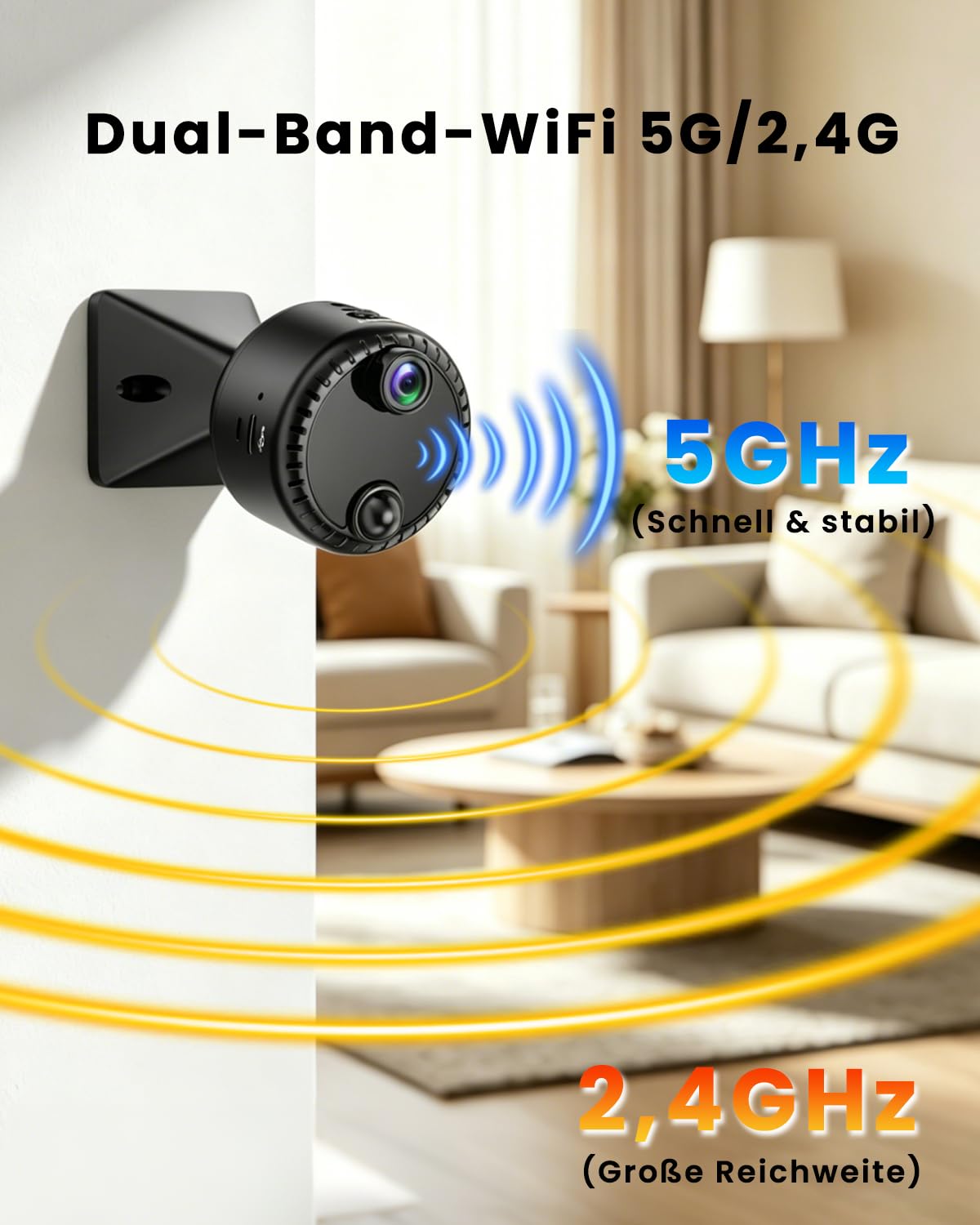 Mini Kamera 4K WLAN Überwachungskamera innen kabellos mit Akku, 2,4/5 GHz WiFi, Live-Übertragung aufs Handy, KI-Personenerkennung, Bewegungsmelder, Nachtsicht, SD & Cloud Speicher
