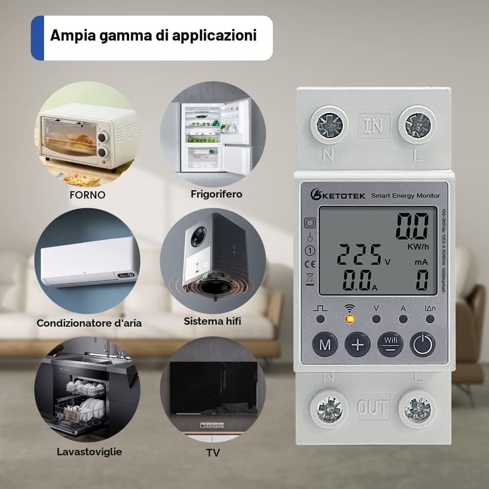 KETOTEK Contatore Energia Elettrica WiFi Misuratore Consumo Elettrico su Guida DIN Digitale Monofase KWh Meter con Tuya/Smart life APP Protezione da Sovraccarico