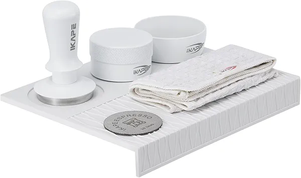 IKAPE 51MM Coffee Tamper Set White 6 IN 1, Espresso Tamper Kit, Espresso Accessories Kit with Tamper, Distributor, Magnetic Dosing Funnel, Silicone Mat, Bar Cleaning Towel