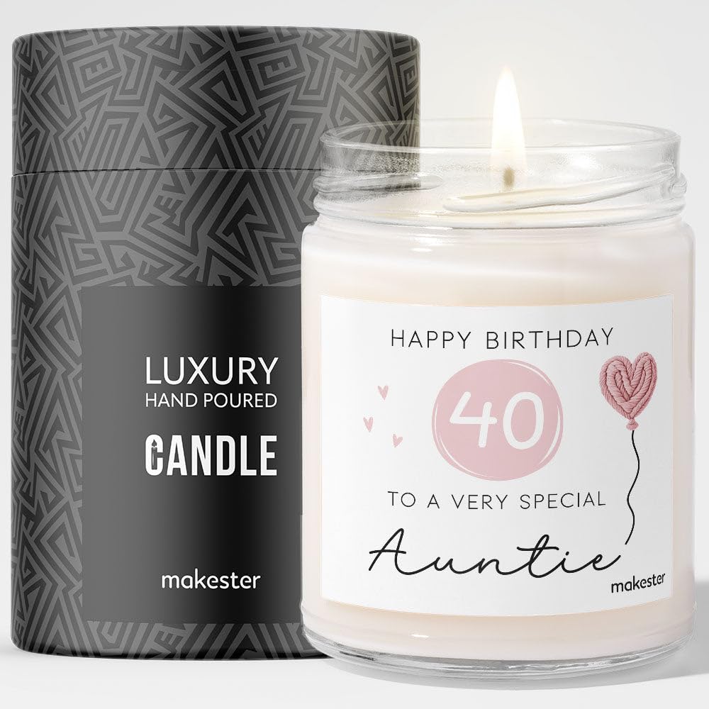 Makester White 40Th Birthday Gifts For Auntie - Luxury Soy Wax Candle - Vanilla, Jasmine, Sugared Almond