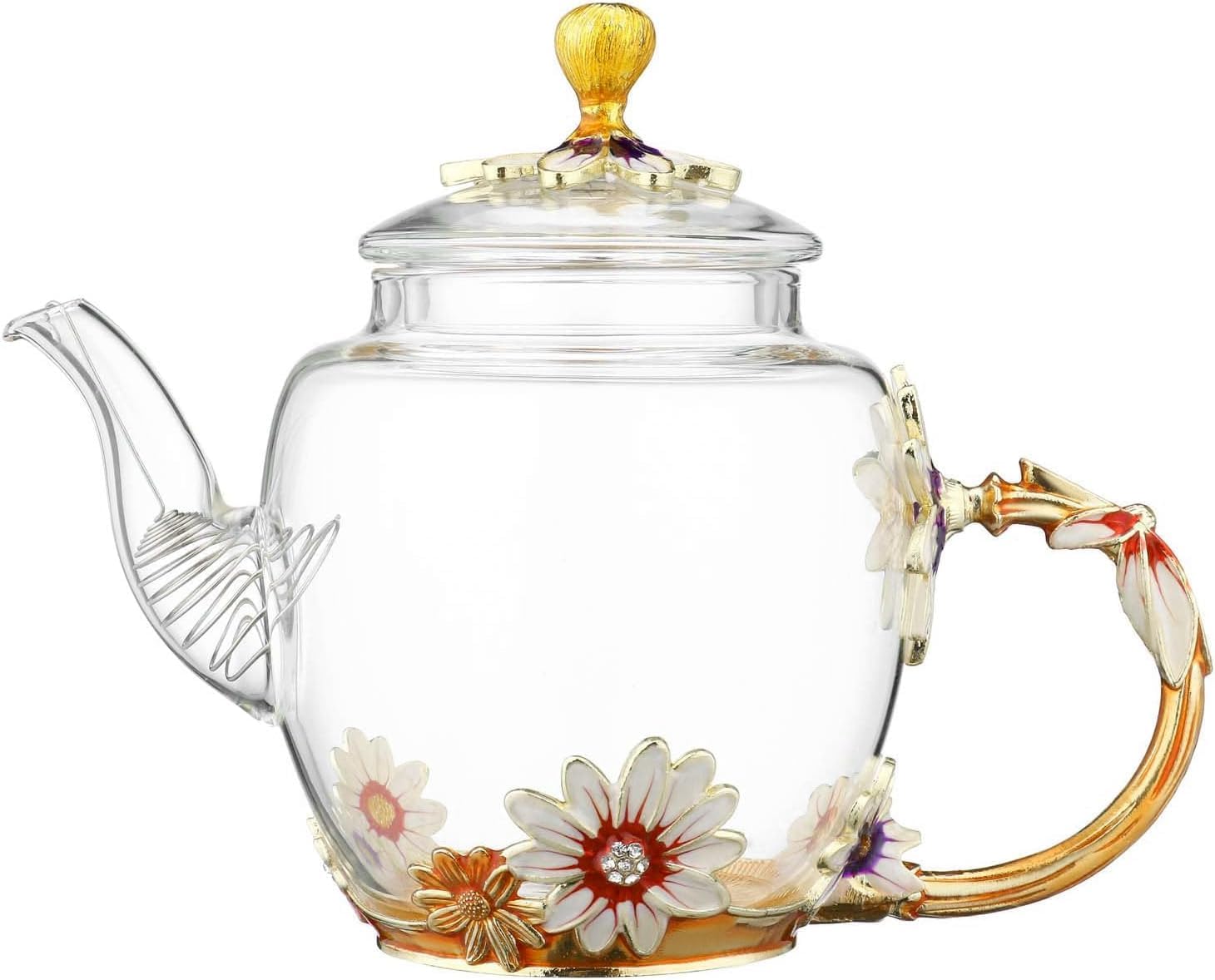 300ml Heat Resistant Glass Teapot with Golden Leaf Edge, Floral Pattern Ret