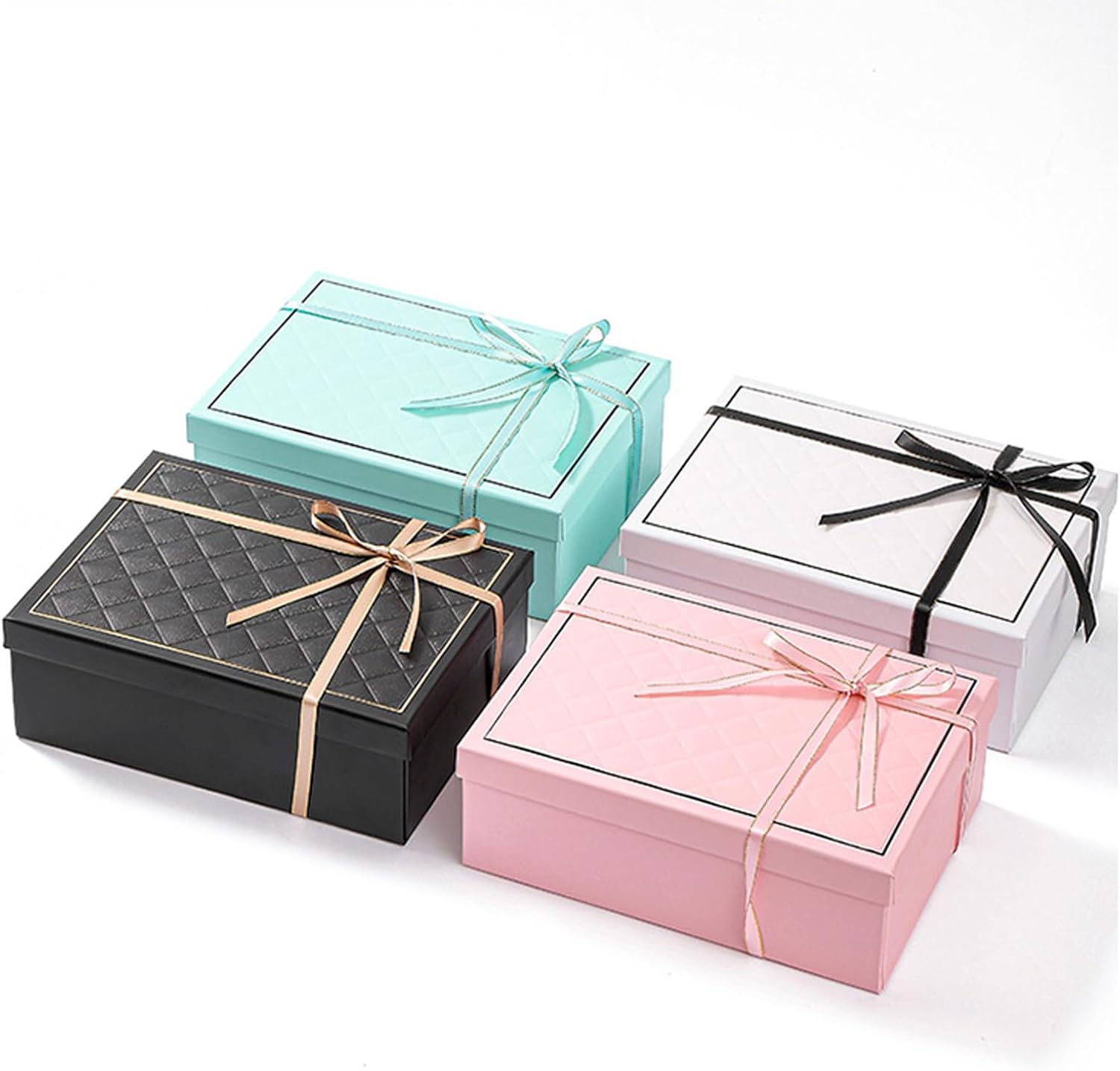 kaxilu White Gift Box Luxury With Lid & Ribbon, Foldable Gift Boxes 4 Pack 9.8x7x3.3Inches - Elegant Wedding & Birthday Packaging Gifts Box