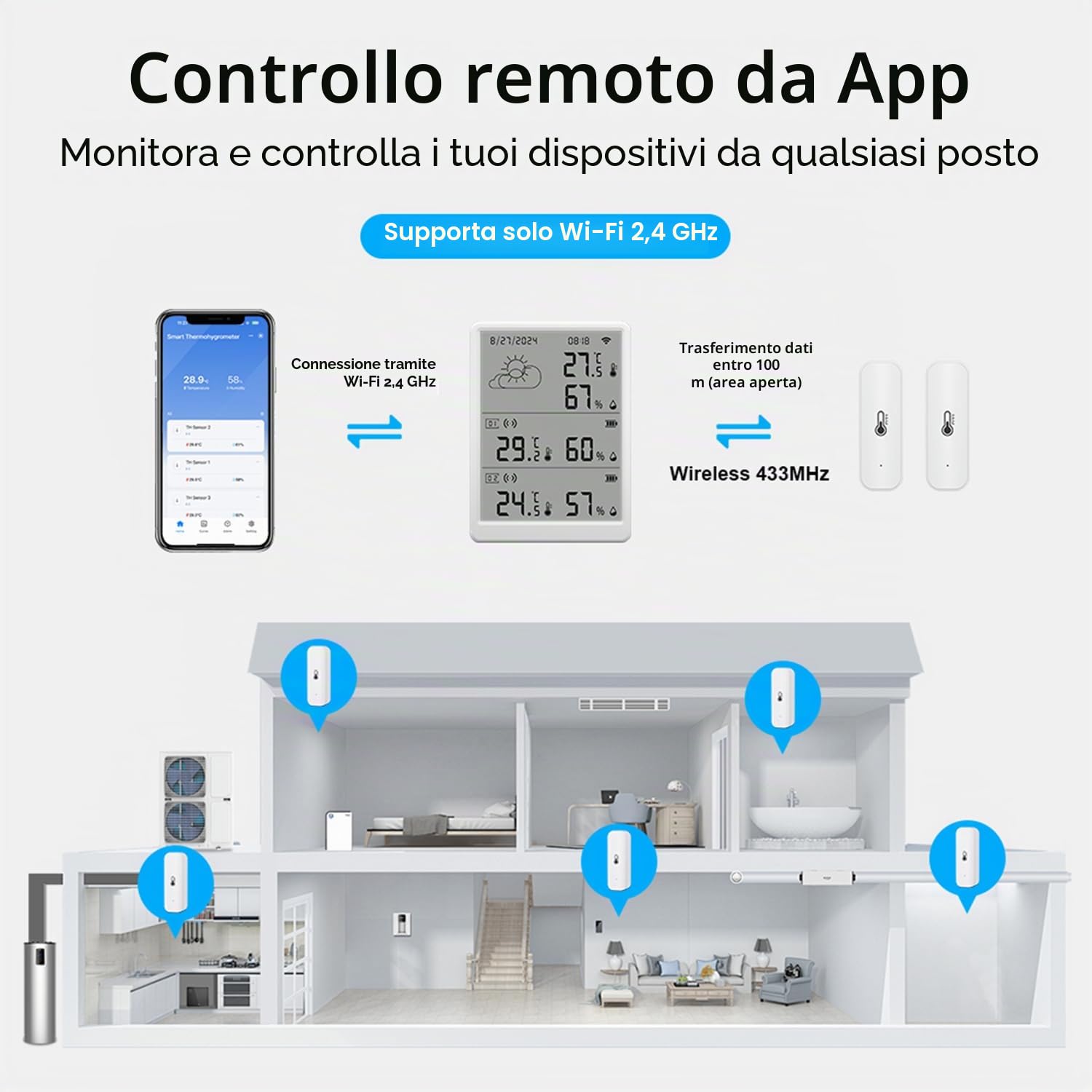 Termometro e igrometro WLAN interno: Monitor intelligente di temperatura e umidità con notifiche App ed esportazione dati gratuita, compatibile con Alexa, 4 sensori e stazione base