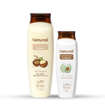 Naturali Daily Strength & Nourish Shampoo + Damage Repair Conditioner | Nourishes, Strengthens Hair | Reduces Frizziness | Reduces Split Ends | Rice Water Shampoo, Avocado Conditioner | 370ml+180ml