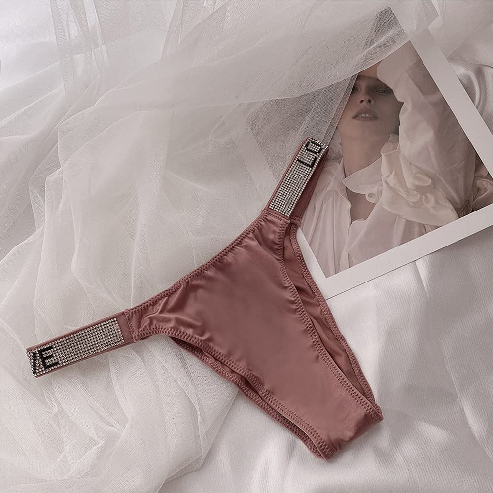 YUHOOE Femmes Culottes Sexy String Bikini Strass Lettre Ceinture G-String Culotte Taille Basse T-Back String sous-Vêtements Doux,5Pack