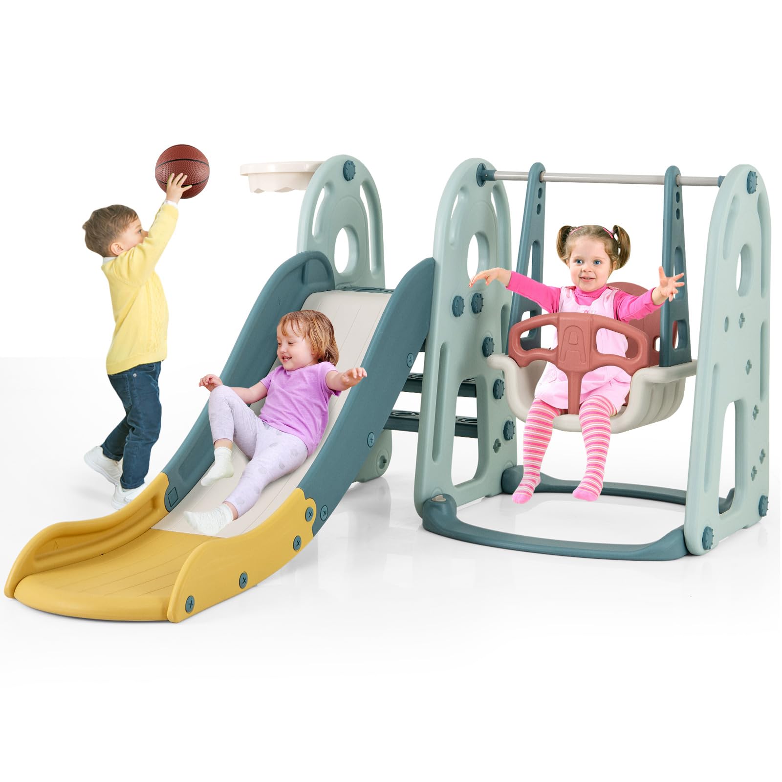 COSTWAY Toboganes Infantiles con Columpio 4 en 1, Tobogán y Columpio para Niños con Aro de Baloncesto y Escalador, Parque Infantil Interior para Niños de 18+ Meses
