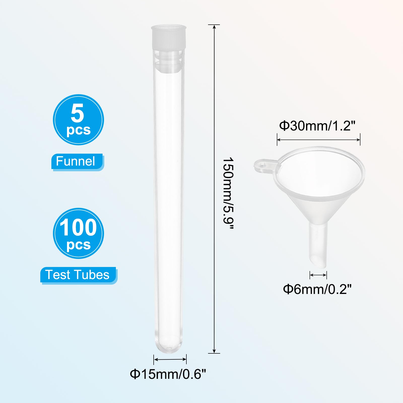 PATIKIL Set di provette, 100 pezzi, 150 x 15 mm, in plastica trasparente, con fondo rotondo, con tappo e imbuto, per perline, feste, caramelle, sale da bagno, per esperimenti scientifici, colore