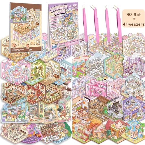 40 Sets DIY 3D House Stickers Kit with 4 Tweezers Non-Toxic & Safe 3D Miniature Scene Therapy for Kids and Adults, Stress Relief Sticker Scenes Creative & Reusable DIY Sticker Therapy Kit for Age 3+