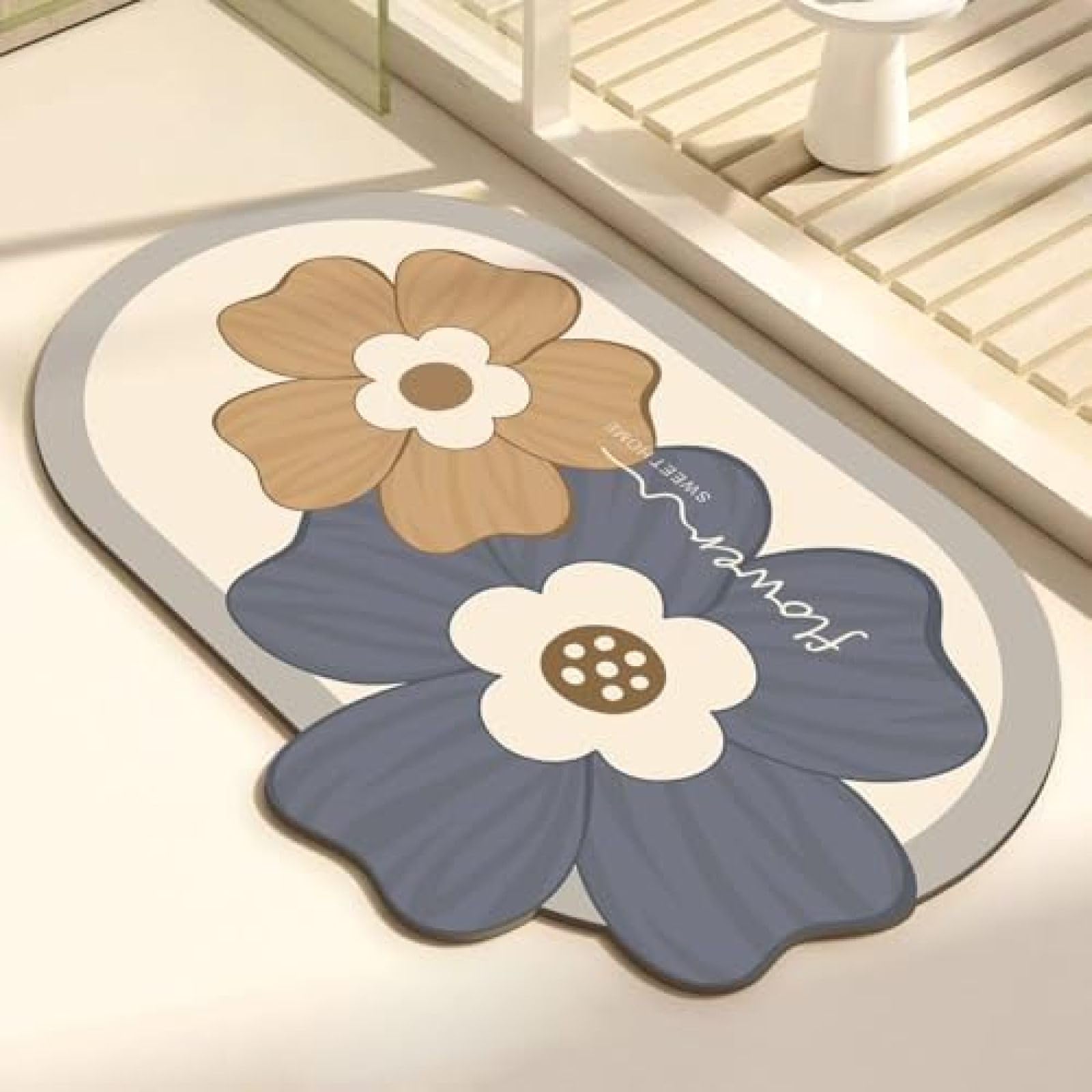 Tapis de salle de bain fleurs bleues en diatomite : fini le sol mouillé et le tapis humide
