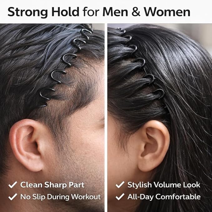 Image of Black Metal Hair Band for Men - 6 Pcs Thin Wavy Non-Slip Adjustable Headbands for Women & Boys, Sports, Gym, Yoga, Running & Face Wash