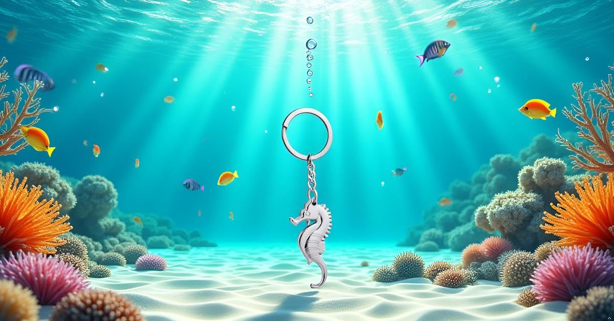 Llavero Porta Llaves de Caballito de Mar, 11 x 3 cm, Chapado en Plata, Acabado de Primera Calidad