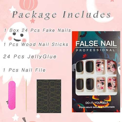 Miniatura 5 de Uñas cortas a presión de Halloween, lindas uñas postizas de fantasma, cuadradas, color negro, nude, estrella espeluznante, uñas postizas de