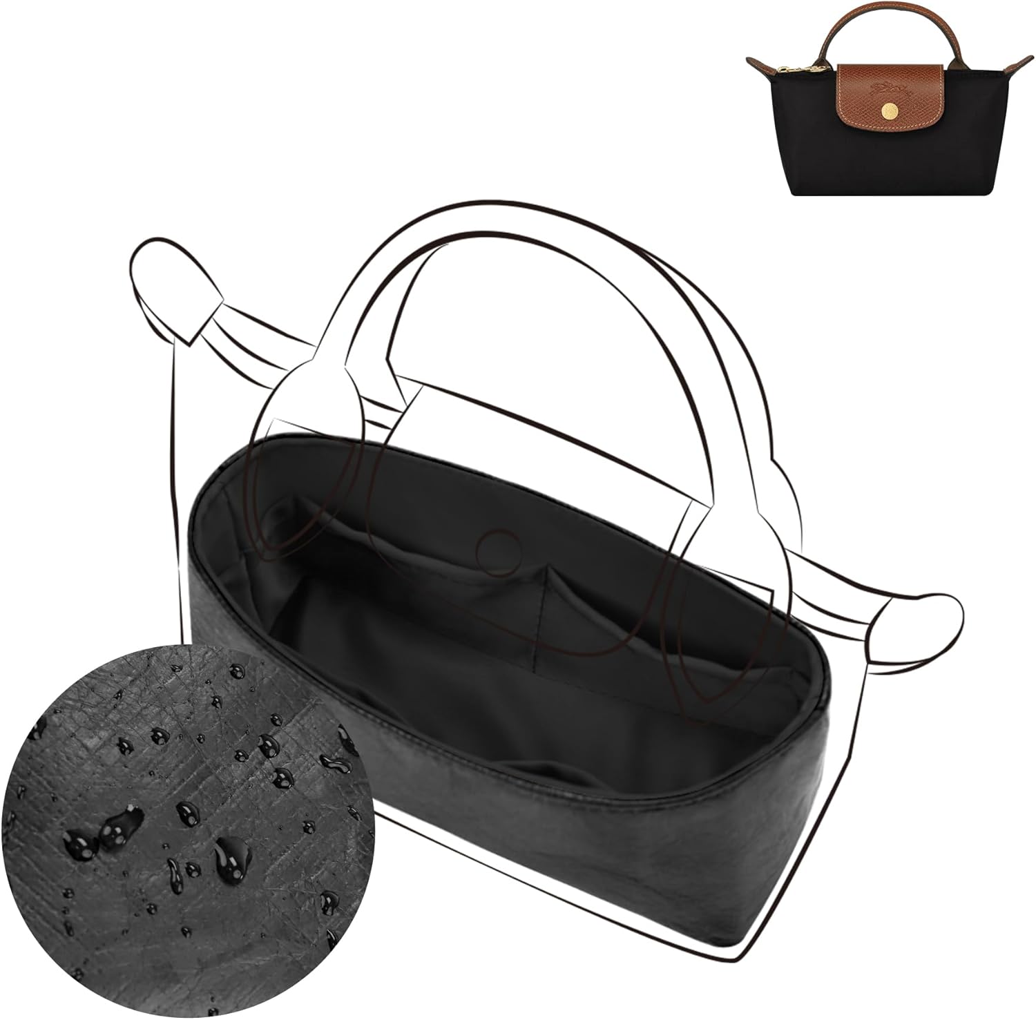DGAZ Lightweight Purse Organizer Insert for Longchamp-Le Pliage Original Series Bag,silk and DupontPaper handbag inner for Luxury Bag(Black,LE PLIAGE Mini)