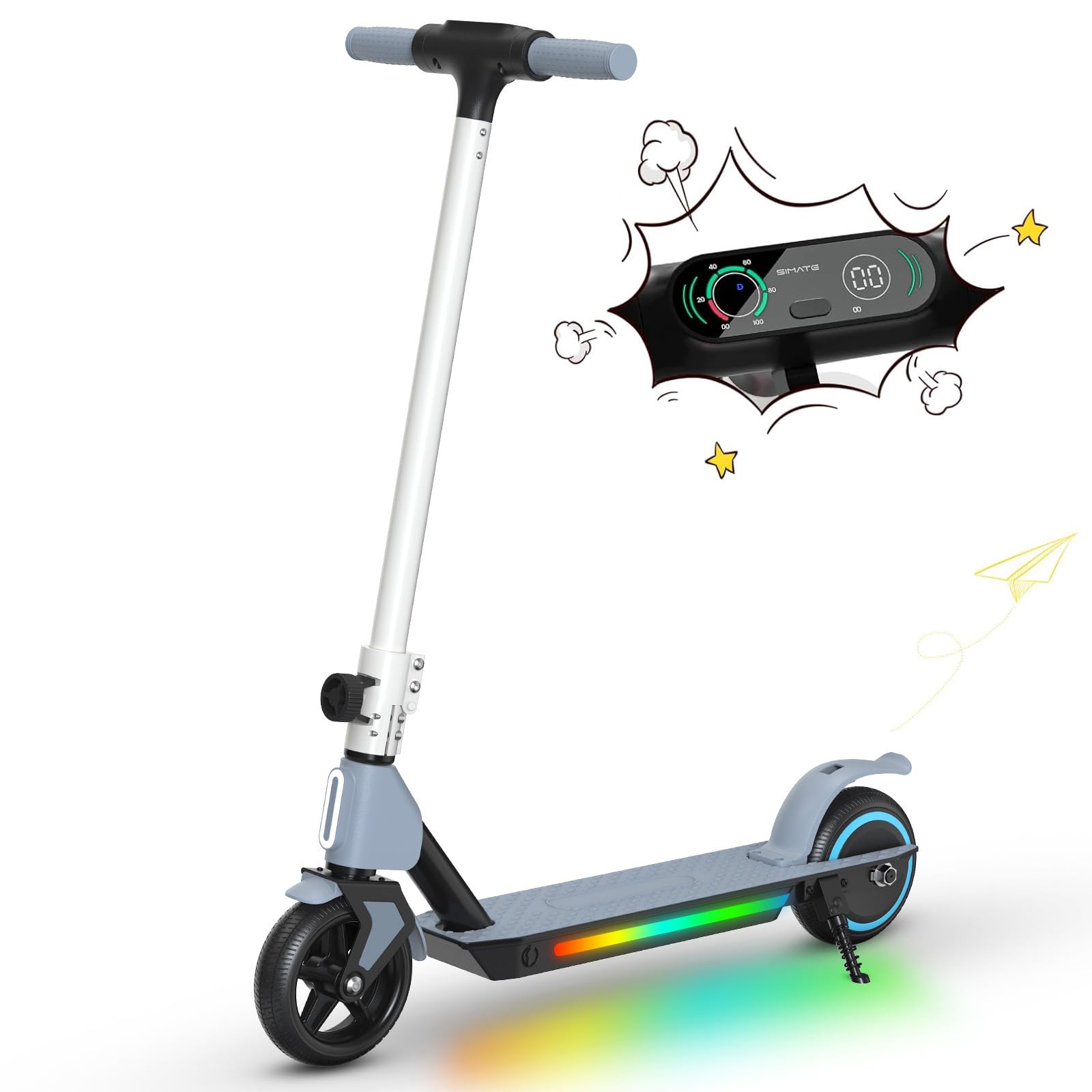 Monopattino Elettrico, 6.5'' Monopattino Elettrico Bambini dai 6 ai 12 anni, Pieghevole Monopattino Bambini,Autonomia 5-8KM,Monopattini Elettrici Display a LED,Regalo per Bambini (S2-Gray)