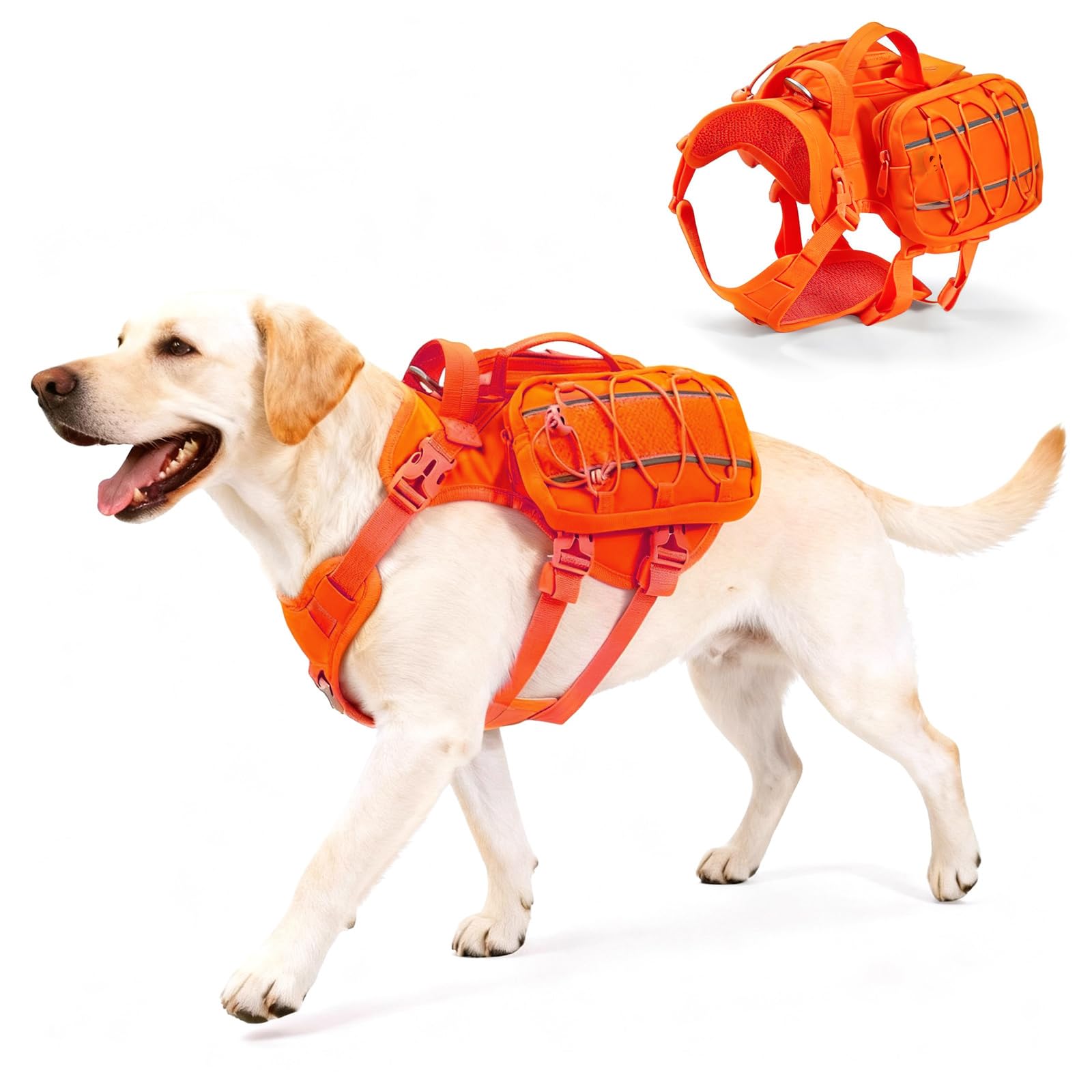 AOKOWN Dog Hiking Backpack for Large Dogs, Dog Pack Tactical Harness, Adjustable Saddlebags with Handle Trim for Hiking Walking Training L Orange