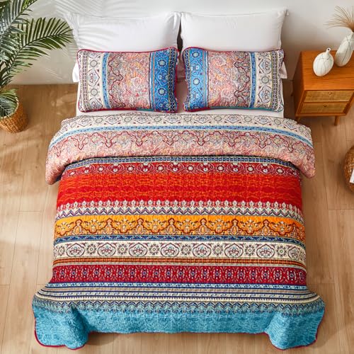 WONGS BEDDING Bohemian Quilt Set Queen Size, Boho Striped Pattern Bedspread Set for All Season, Microfiber Lightweight Coverlet Bedding Set 96"x90"(3 Pieces, Colorful) - Image 4