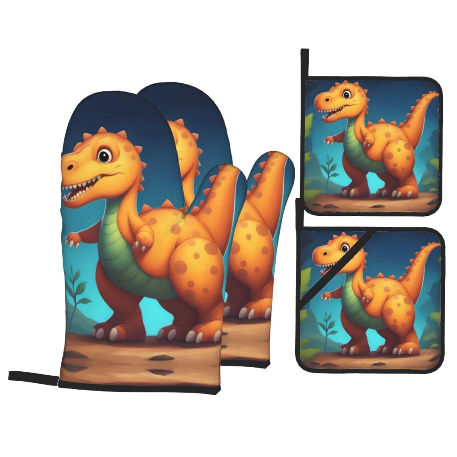 Ssiulus Women's Black Cute Dinosaur Oven Mitts And Potholders Bbq Gloves And Holders For Cooking Baking (4-Piece Set)
