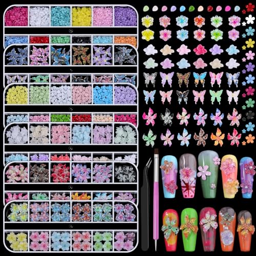 6 Boxes Flower Nail Art Charms Cute Colorful Flower Nail Charms Hibiscus Ice Translucent Butterfly Petals Nail Gems with Pickup Tools for Nail Art Manicure DIY