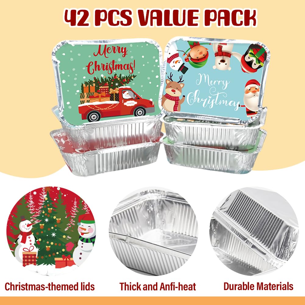 WODMAZ 42 recipientes de papel de aluminio de Navidad con tapa, recipientes de aluminio desechables de papel de aluminio para alimentos sobrantes para fiestas de Navidad