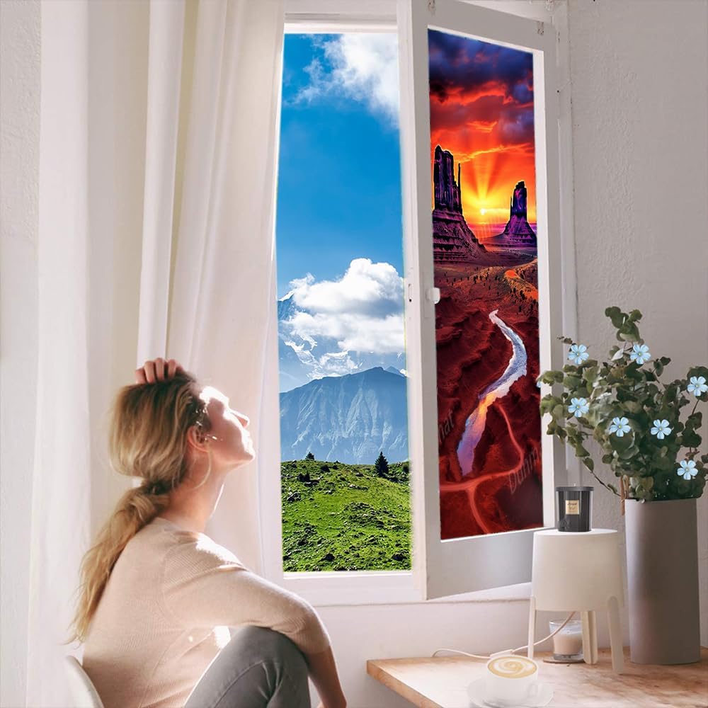 Fantasy Desert Stained Glass Window Film Beautiful Sky Sunset Monuments Privacy Window Film Glass Door Covering Non-Adhesive Window Stickers for Bathroom Kitchen 35.4Wx63L inch