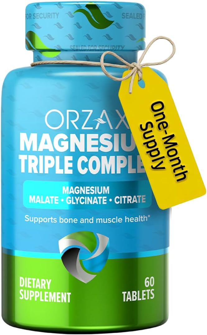 ORZAX Magnesium Glycinate, Citrate, Malate - 200 mg of Triple Complex Magnesium for Muscles & Energy for Women and Men - Gluten & Dairy Free, Halal (60 Tablets)