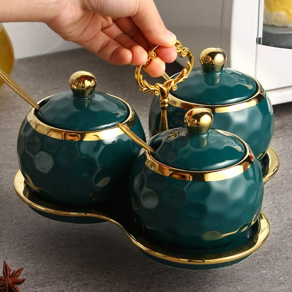 IANSHFKN Storage Ceramics Spice Jar Kitchen Supplies Household Condiment Box Set Three-piece Suit Sugar Salt Shaker Tool