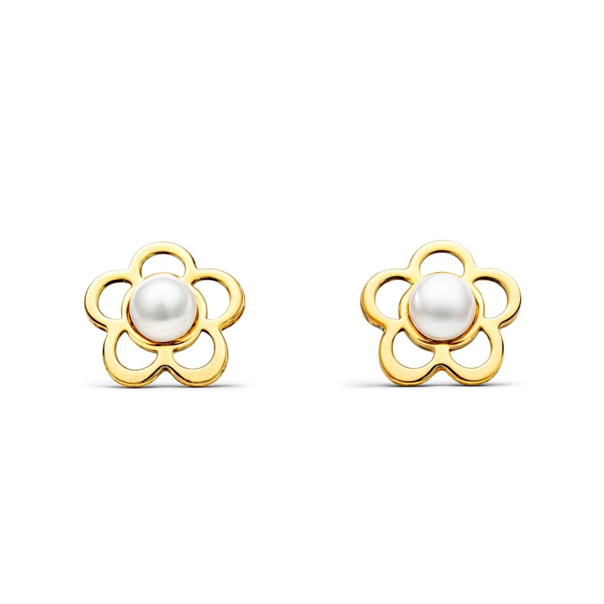 Pendientes Bebe Niña Oro Amarillo flor brillo | Margarita Calada Perla Redonda 2 mm | Certificado de Garantía | Incluye Estuche Regalo - Mondepetit