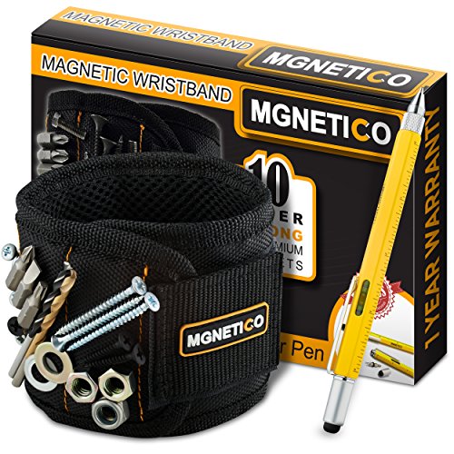 MGNETICO Magnetic Wristband: Adjustable Black Band with 10 Neodymium Magnets To Hold Metal Items Nearby Plus 7 In 1 Screwdriver Pen