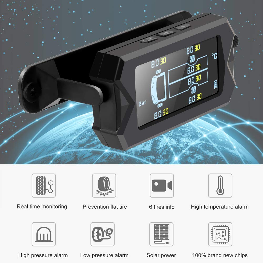 Tpms Sistema de monitoreo de presión de neumáticos Solar inalámbrico con 6 sensores externos Alarma Digital Coche Medidor Presion Neumaticos