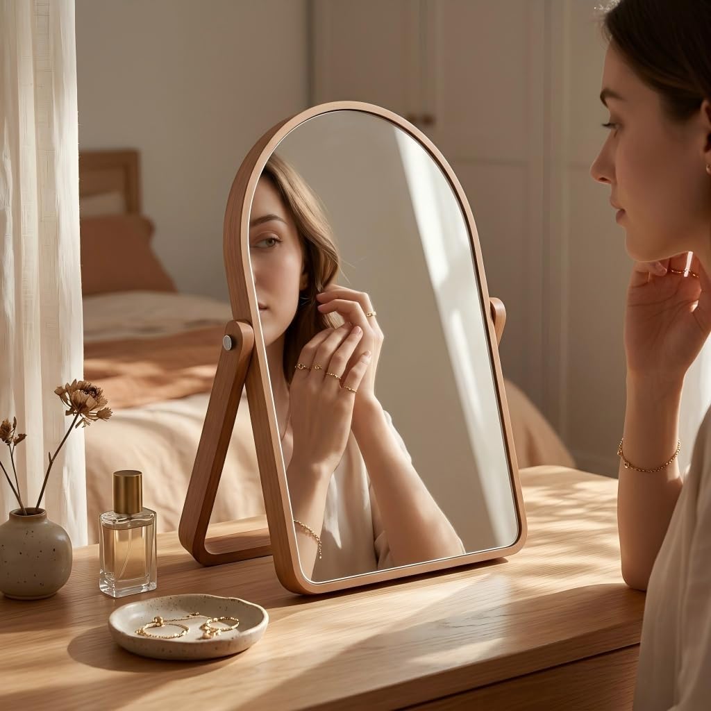 Photo 1 of ZOROSY Arched Wood Makeup Mirror with Stand