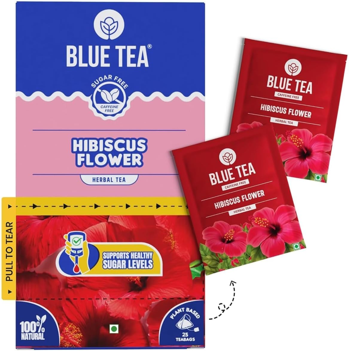 Hibiscus Tea - 25 Tea Bags - Plant Based | Supports Healthy Sugar Levels | Enhances Skin Glow | Caffeine Free - Herbal Tea - Tangy Flavour | Single Tear Tea Box | Easy Pull Sachets