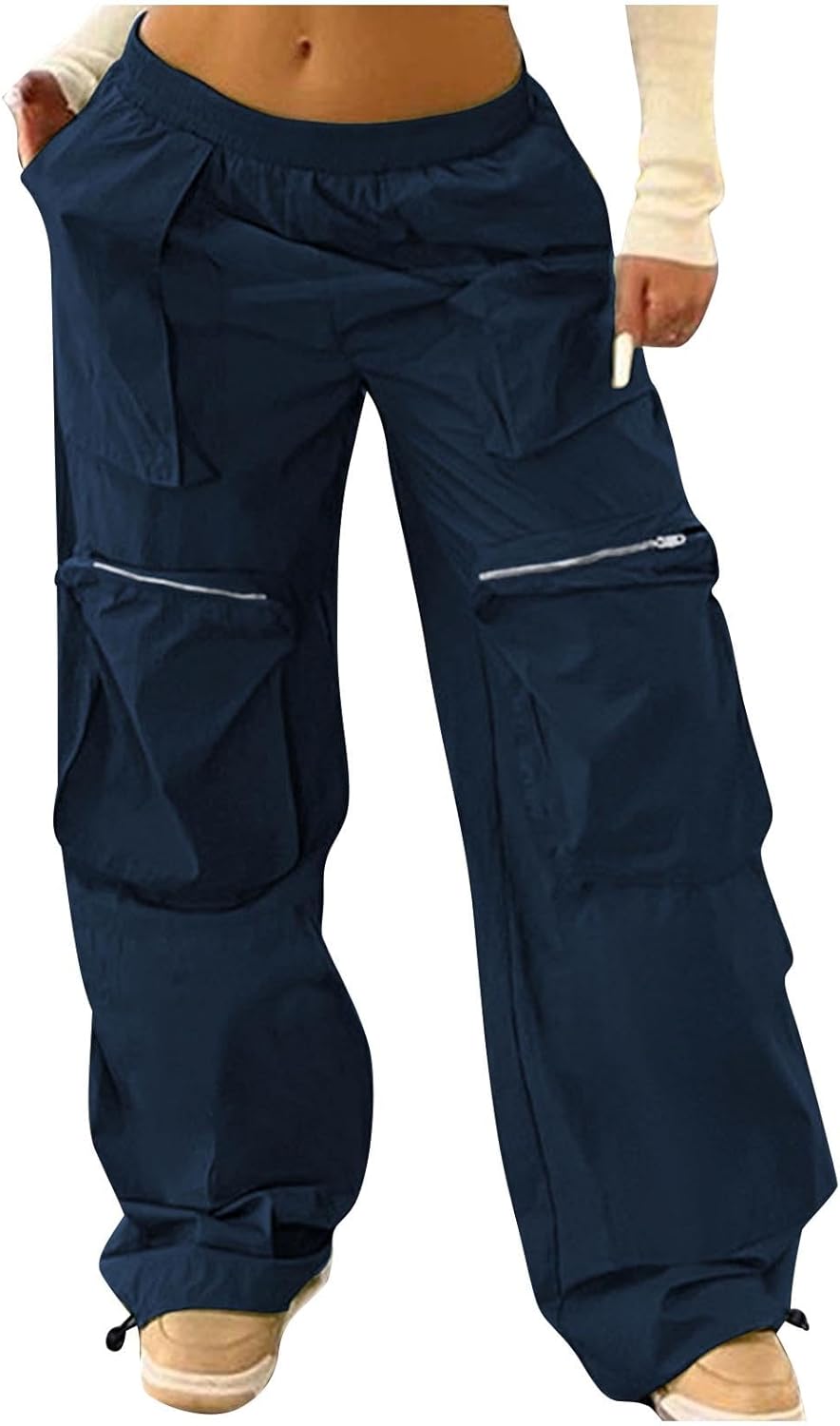Oplxuo Women Cargo Pants Elastic High Waisted Y2k Wide Leg Baggy Joggers Casual Hiking Pants with Zipper Pockets Streetwear
