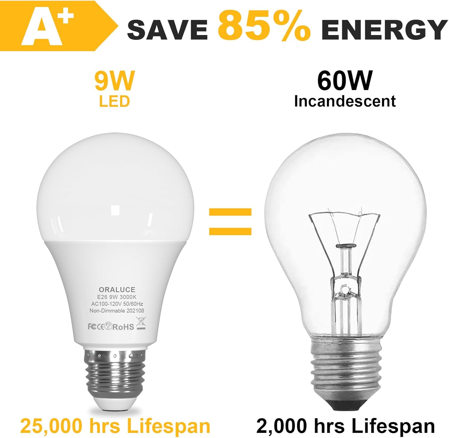 ORALUCE LED Light Bulb, A19 9W Lightbulbs, 60 Watt Equivalent, 120V 900LM, 3000K Soft White, E26 Medium Base, Non Dimmable, Energy Efficient, UL Listed, 6 Pack