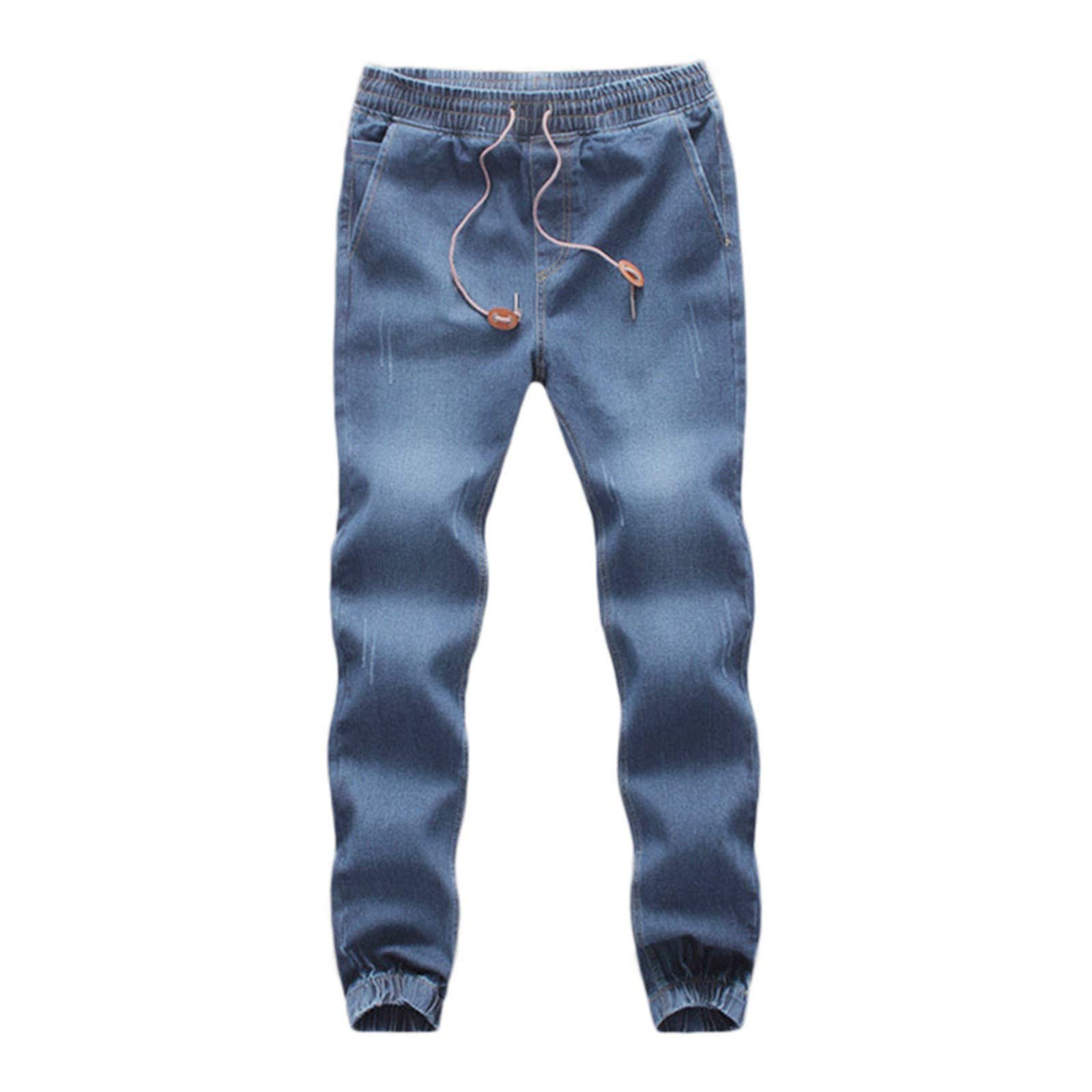 WUAI-Men Casual Joggers Jeans Elastic Waist Strench Drawstring Distressed Denim Jean Sweatpants Capris Plus Size