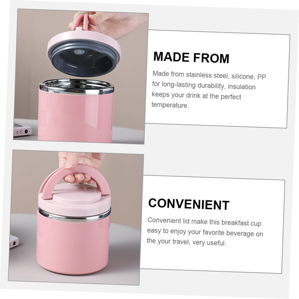 SECFOU Stainless Steel Thermal Breakfast Cup 630ml Portable Pink