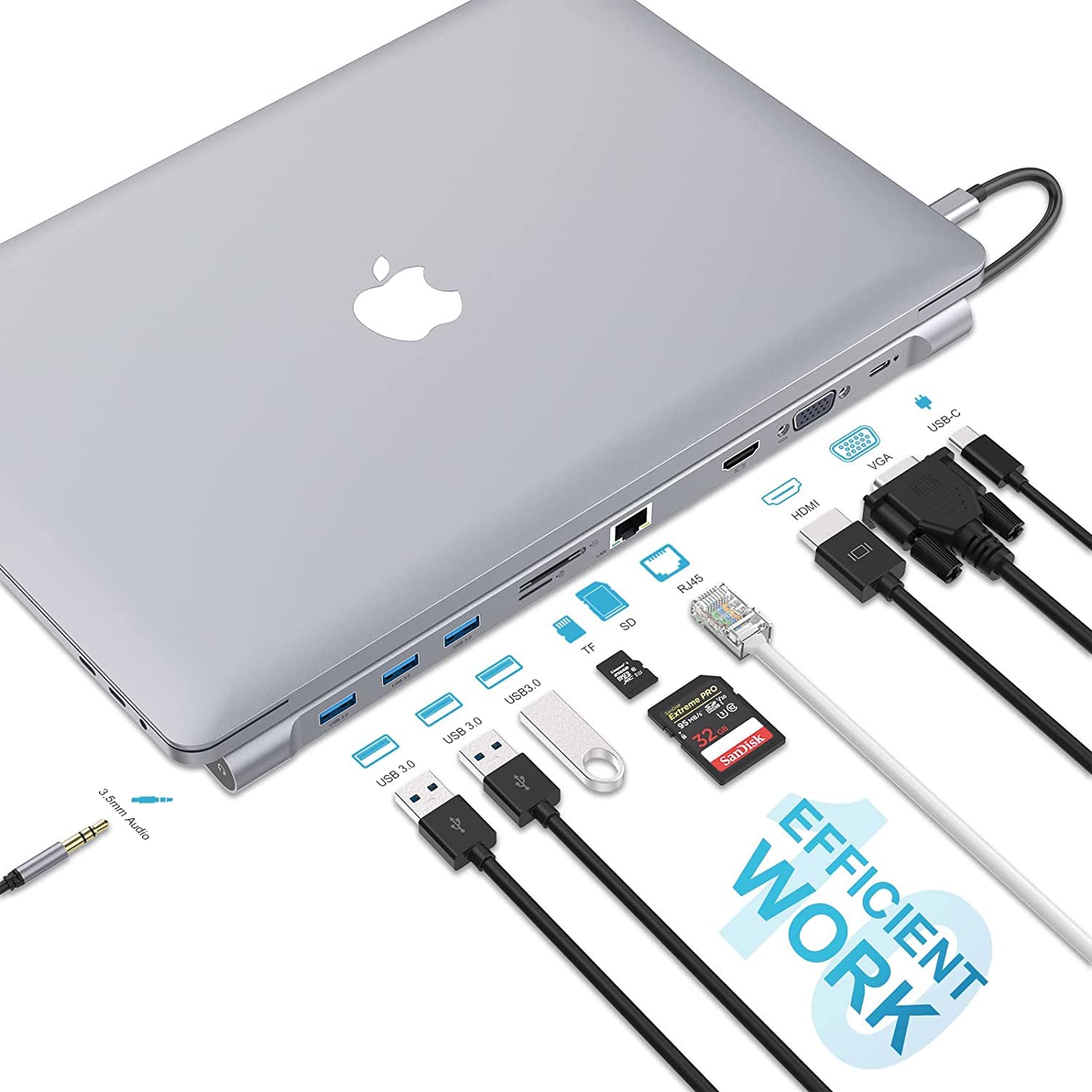 10 Puertos USB C Dock, USB C Multiport Hub Triple Display Laptop Hub Stand, Adaptador USB C para MacBook y Windows (4K HDMI, VGA, PD 100W, Ethernet, Ranura para Tarjeta SD/TF, Audio de 3,5 mm, 3