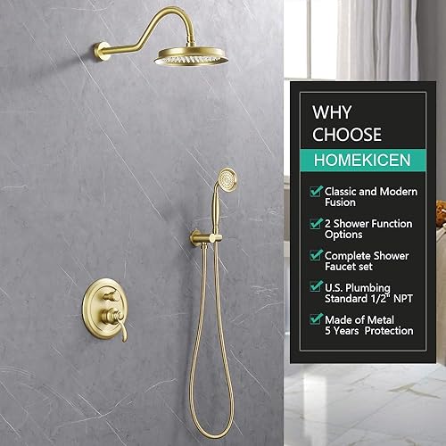 Miniatura 2 de Homekicen Juego completo de grifos de ducha de latón antiguo sistema de ducha de lluvia de 9 pulgadas, cabezal de lluvia montado en la pared y